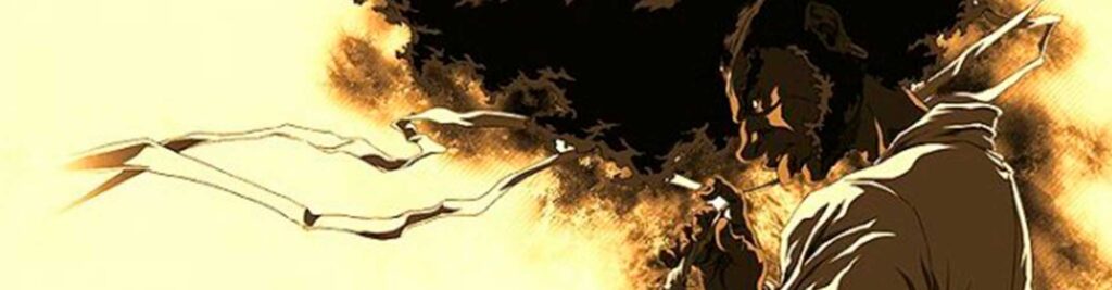 Afro Samurai - image du header pour l'article. Figurant le personnage principal sur fond jaune.